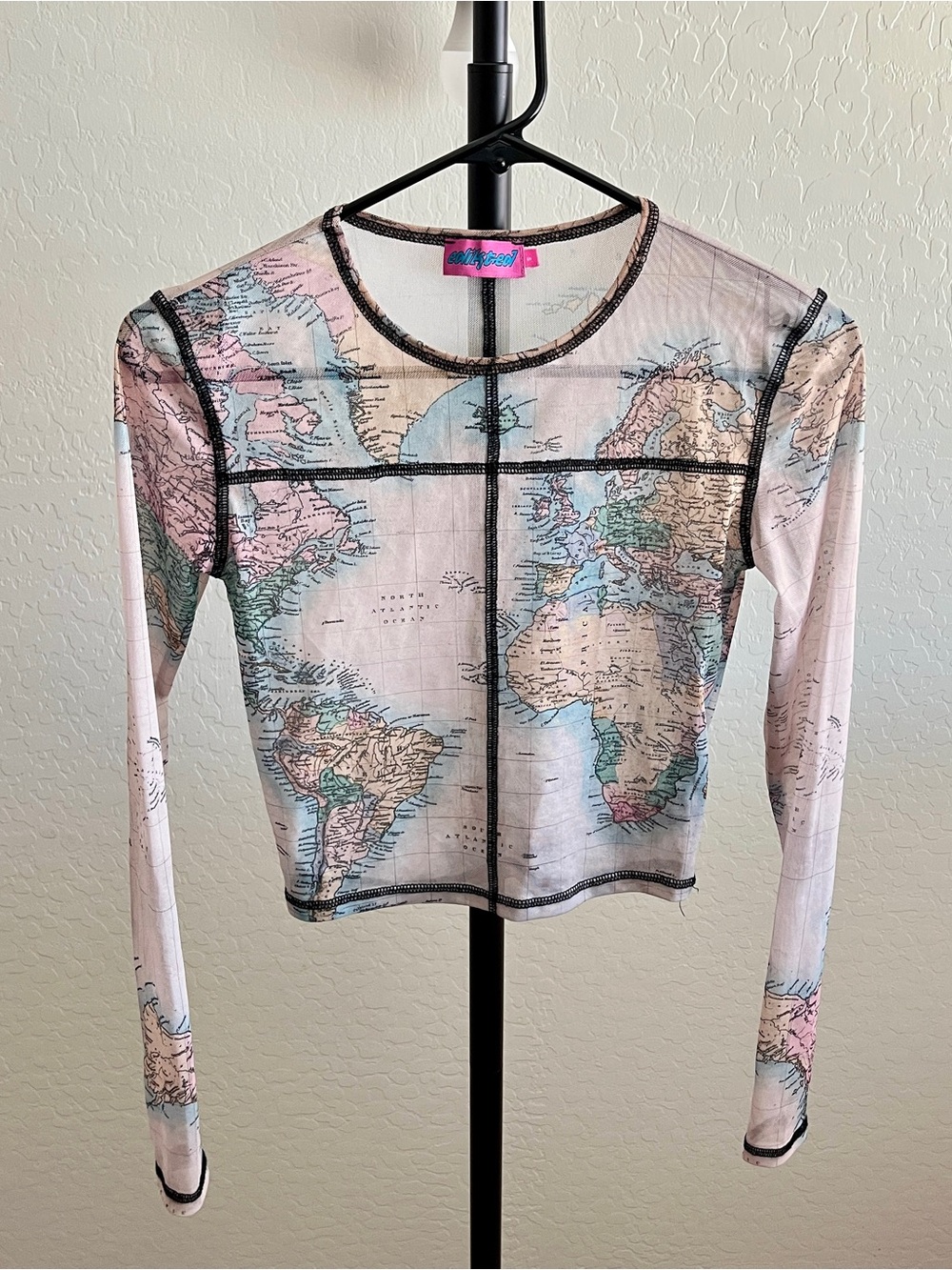 Edikted Sheer Map Print Long-Sleeve Mesh Top